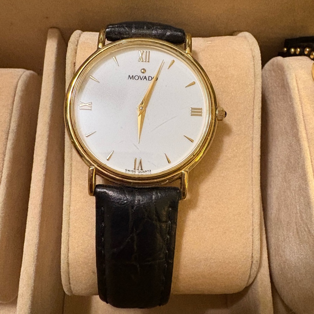 Movado 87-E4-0885 Ladies Gold Trim Swiss Wristwatch Black Leather Band